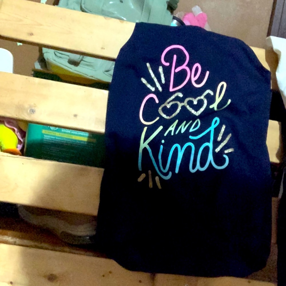 Be cool and kind kids tank top size 12, navy blue and rainbow print